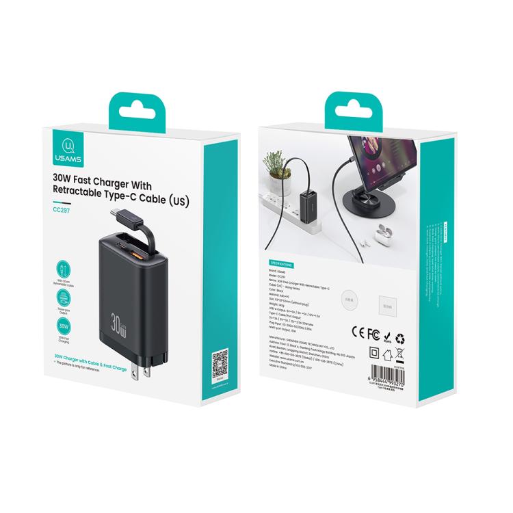 USAMS CC297 caricabatterie 30W con cavo USB-C retrattile