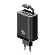 USAMS CC296 30W Fast Charger With Retractable USB-C / Type-C Cable, EU Plug