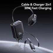 USAMS CC296 30W Fast Charger With Retractable USB-C / Type-C Cable, EU Plug