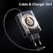 USAMS CC296 30W Fast Charger With Retractable USB-C / Type-C Cable, EU Plug