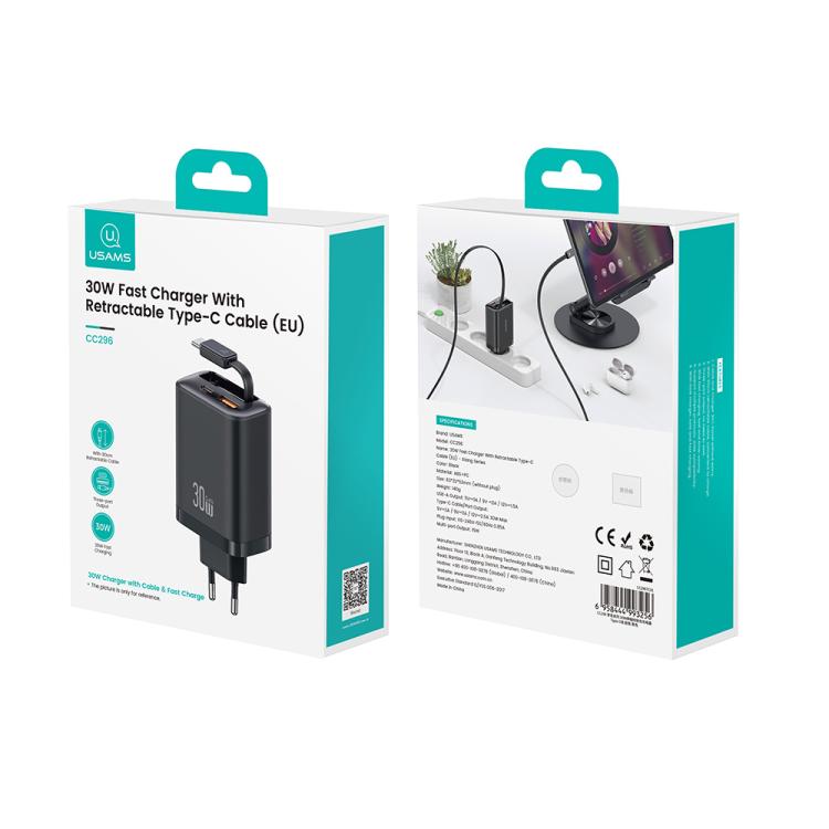 Caricabatterie rapido USAMS 30W con cavo USB-C retrattile