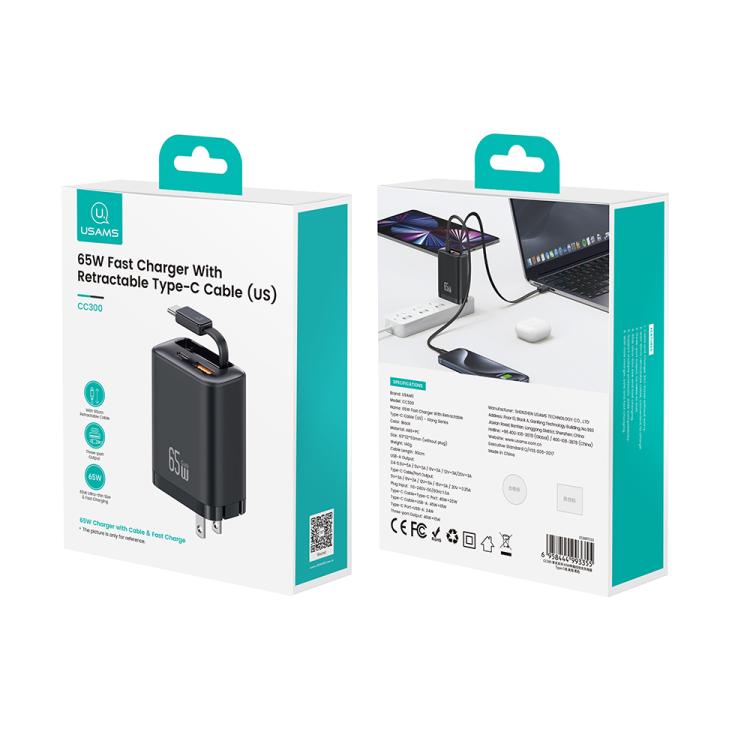 USAMS CC300 caricabatterie rapido 65W con cavo USB-C retrattile