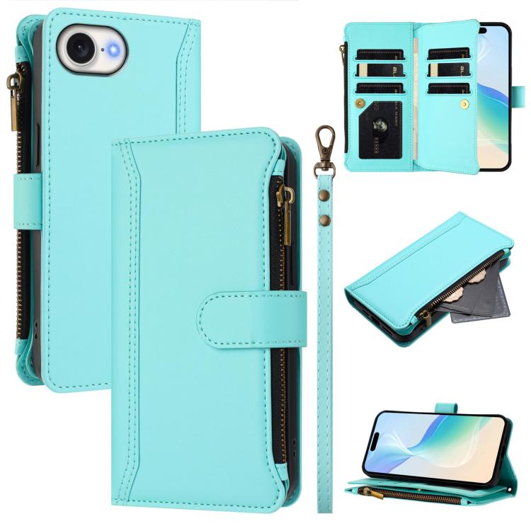 Custodia in pelle con chiusura magnetica, 9 scomparti per carte e cerniera, con cinturino da polso., For iPhone 17e / 16e, For iPhone 17 Pro Max, For iPhone 17 Pro, For iPhone 17