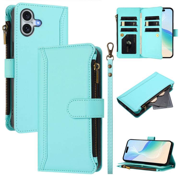 Custodia in pelle con chiusura magnetica, 9 scomparti per carte e cerniera, con cinturino da polso., For iPhone Air, For iPhone 16 Pro Max, For iPhone 16 Pro, For iPhone 16 Plus