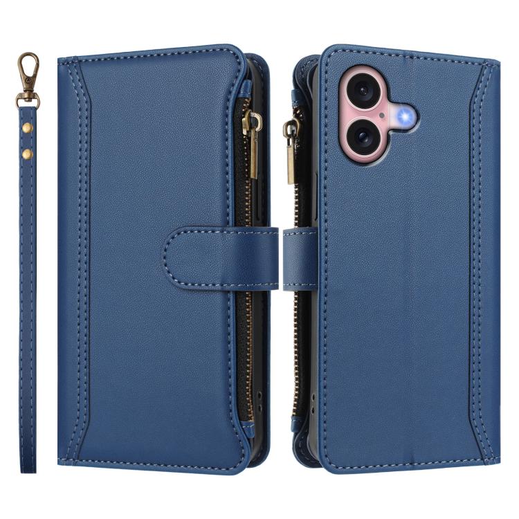 Custodia in pelle con chiusura magnetica, 9 scomparti per carte e cerniera, con cinturino da polso., For iPhone 16, For iPhone 15 Pro Max, For iPhone 15 Pro, For iPhone 15 Plus