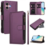 Custodia in pelle con chiusura magnetica, 9 scomparti per carte e cerniera, con cinturino da polso., For iPhone 16, For iPhone 15 Pro Max, For iPhone 15 Pro, For iPhone 15 Plus