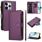 Custodia in pelle con chiusura magnetica, 9 scomparti per carte e cerniera, con cinturino da polso., For iPhone 15, For iPhone 14 Plus, For iPhone 14 / 13, For iPhone 14 Pro