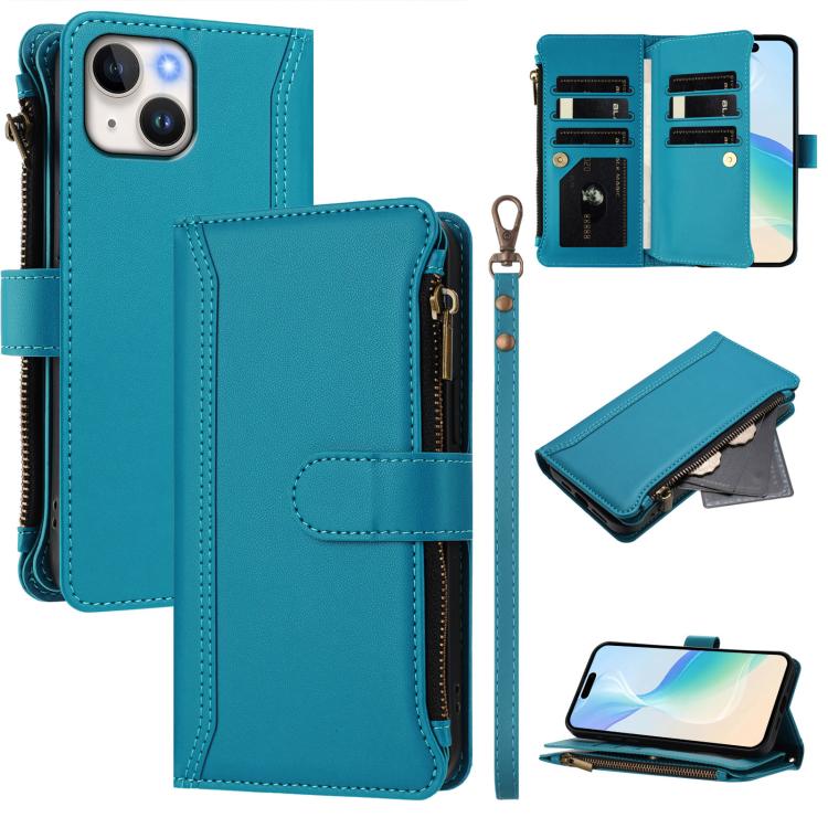 Custodia in pelle con chiusura magnetica, 9 scomparti per carte e cerniera, con cinturino da polso., For iPhone 15, For iPhone 14 Plus, For iPhone 14 / 13, For iPhone 14 Pro