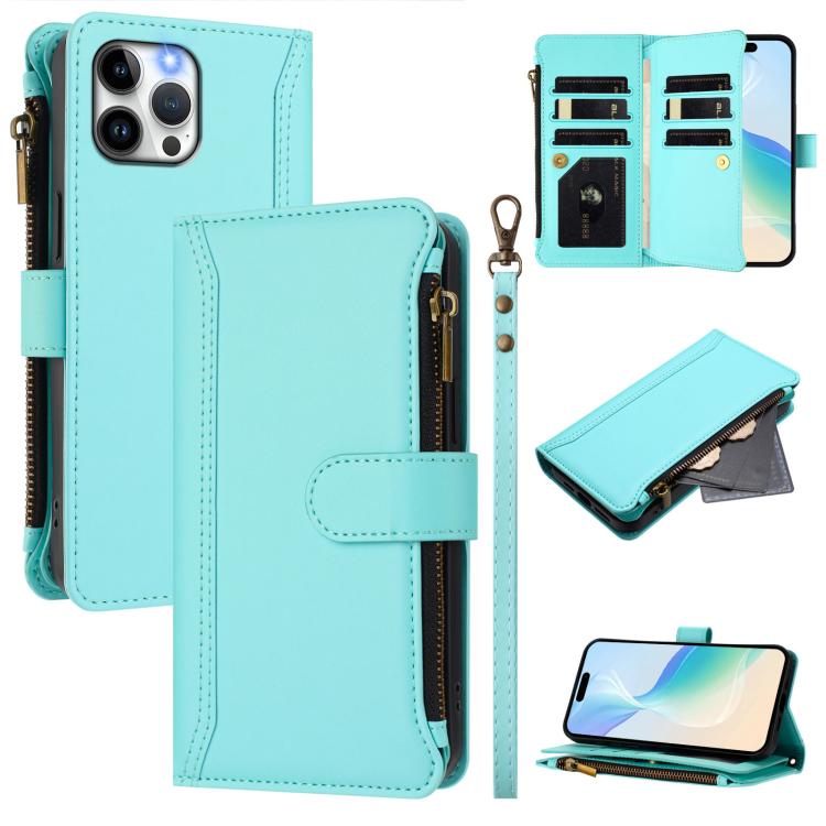 Custodia in pelle con chiusura magnetica, 9 scomparti per carte e cerniera, con cinturino da polso., For iPhone 13 mini, For iPhone 12 / 12 Pro, For iPhone 12 Pro Max, For iPhone 12 mini