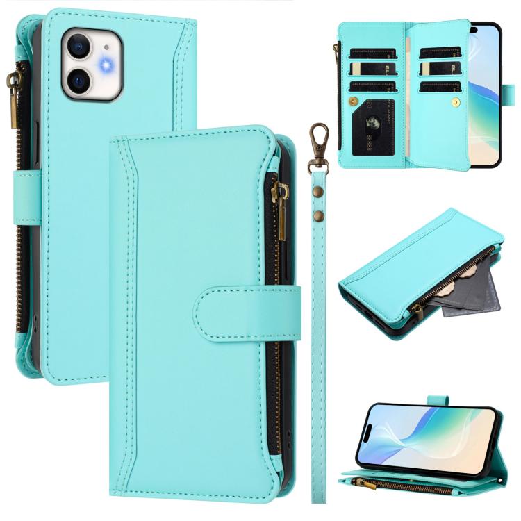 Custodia in pelle con chiusura magnetica, 9 scomparti per carte e cerniera, con cinturino da polso., For iPhone 13 mini, For iPhone 12 / 12 Pro, For iPhone 12 Pro Max, For iPhone 12 mini
