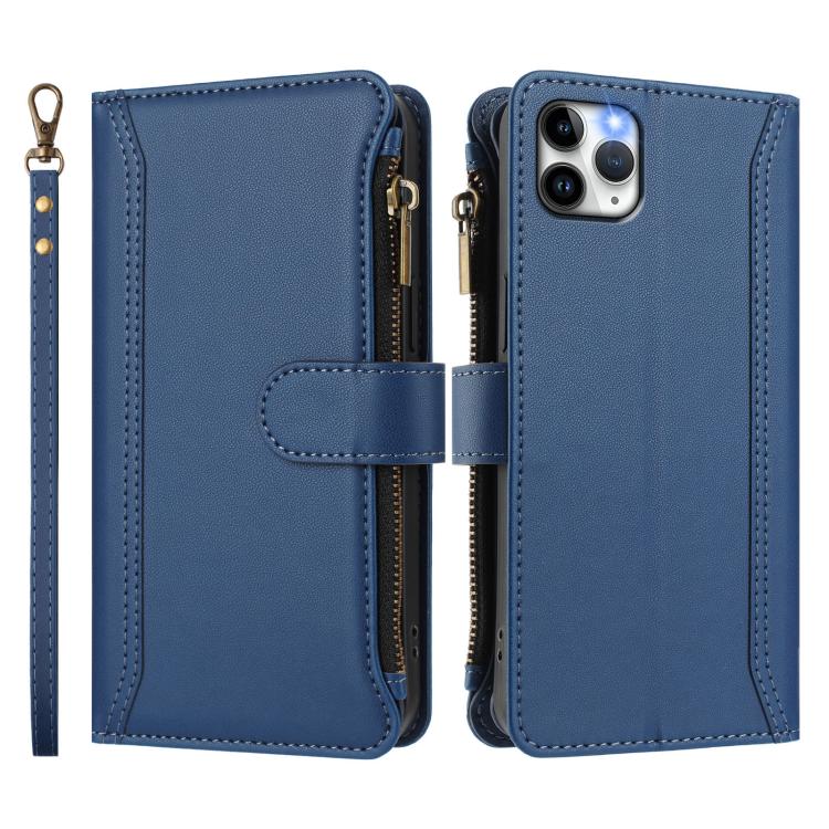 Custodia in pelle con chiusura magnetica, 9 scomparti per carte e cerniera, con cinturino da polso., For iPhone 11 Pro Max, For iPhone 11, For iPhone 11 Pro, For iPhone XS / X