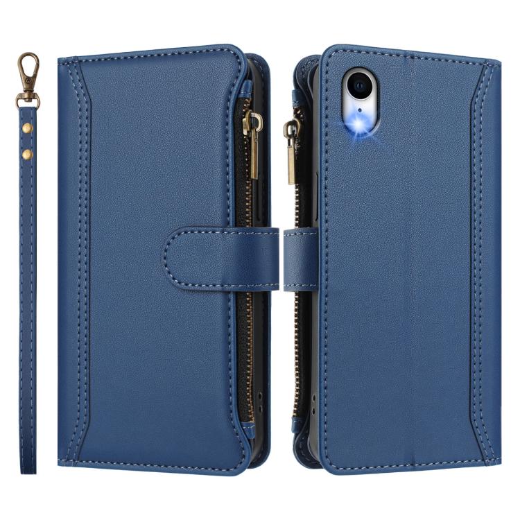 Custodia in pelle con chiusura magnetica, 9 scomparti per carte e cerniera, con cinturino da polso., For iPhone XR, For iPhone XS Max, For iPhone 8 Plus / 7 Plus
