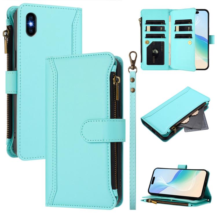 Custodia in pelle con chiusura magnetica, 9 scomparti per carte e cerniera, con cinturino da polso., For iPhone XR, For iPhone XS Max, For iPhone 8 Plus / 7 Plus