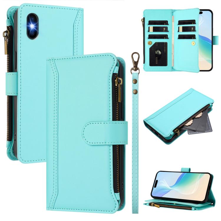 Custodia in pelle con chiusura magnetica, 9 scomparti per carte e cerniera, con cinturino da polso., For iPhone 11 Pro Max, For iPhone 11, For iPhone 11 Pro, For iPhone XS / X
