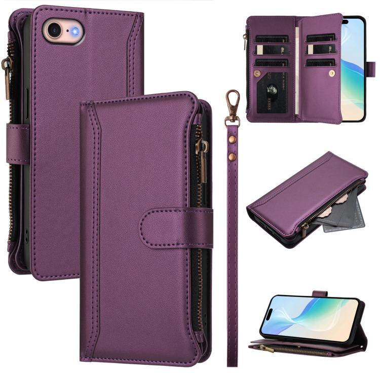Custodia in pelle con chiusura magnetica, 9 scomparti per carte e cerniera, con cinturino da polso., For iPhone 14 Pro Max, For iPhone SE 2022 / 2020 / 8 / 7, For iPhone 13 Pro Max, For iPhone 13 Pro