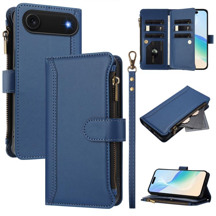 Custodia in pelle con chiusura magnetica, 9 scomparti per carte e cerniera, con cinturino da polso., For iPhone Air, For iPhone 16 Pro Max, For iPhone 16 Pro, For iPhone 16 Plus