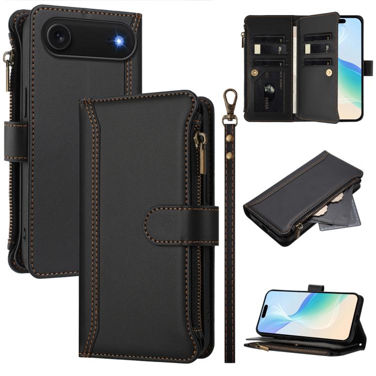 Custodia in pelle con chiusura magnetica, 9 scomparti per carte e cerniera, con cinturino da polso., For iPhone Air, For iPhone 16 Pro Max, For iPhone 16 Pro, For iPhone 16 Plus