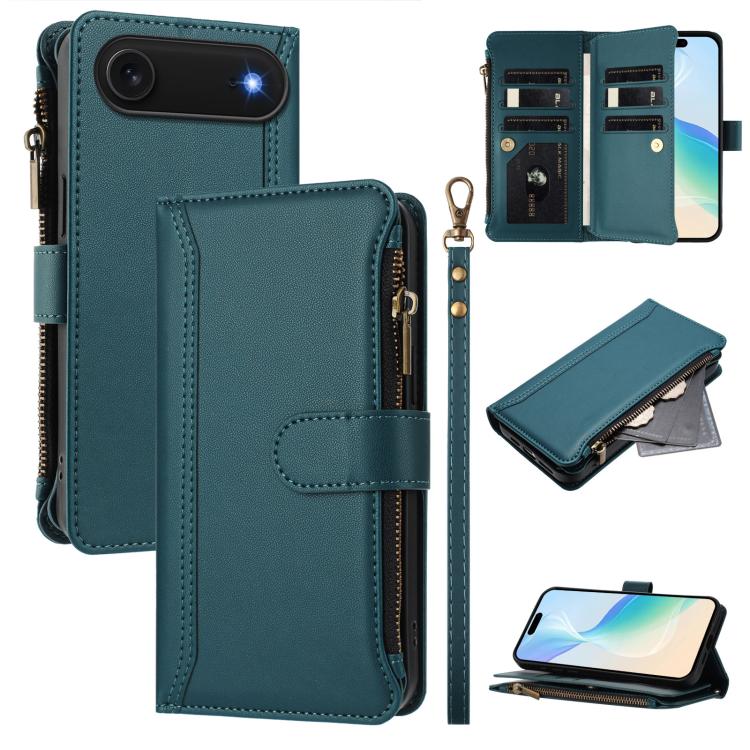 Custodia in pelle con chiusura magnetica, 9 scomparti per carte e cerniera, con cinturino da polso., For iPhone Air, For iPhone 16 Pro Max, For iPhone 16 Pro, For iPhone 16 Plus