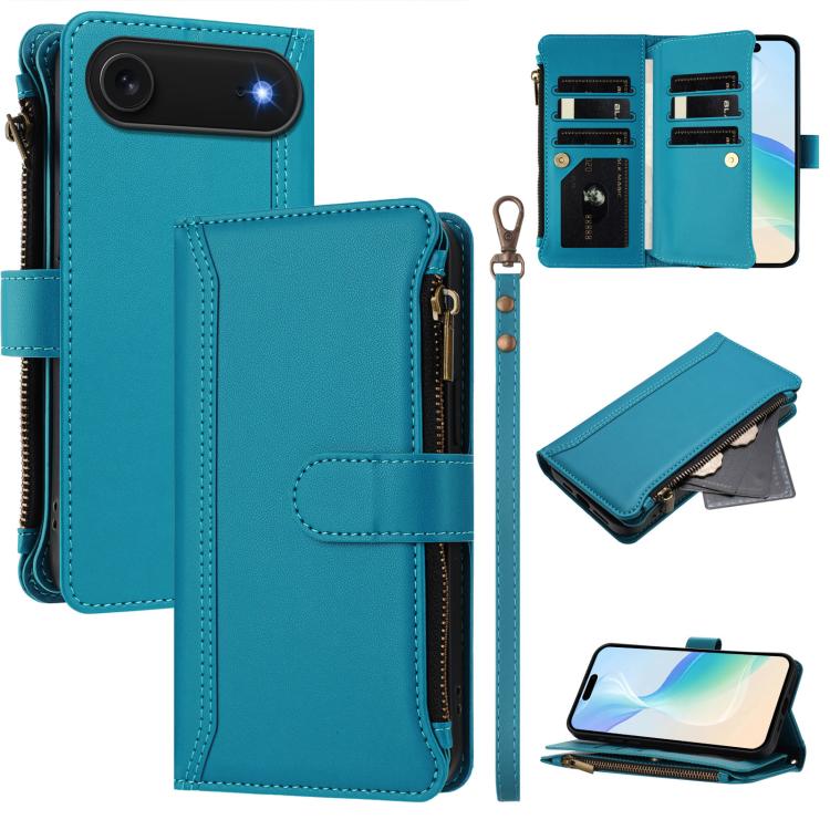 Custodia in pelle con chiusura magnetica, 9 scomparti per carte e cerniera, con cinturino da polso., For iPhone Air, For iPhone 16 Pro Max, For iPhone 16 Pro, For iPhone 16 Plus