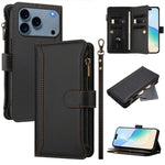 Custodia in pelle con chiusura magnetica, 9 scomparti per carte e cerniera, con cinturino da polso., For iPhone 17e / 16e, For iPhone 17 Pro Max, For iPhone 17 Pro, For iPhone 17