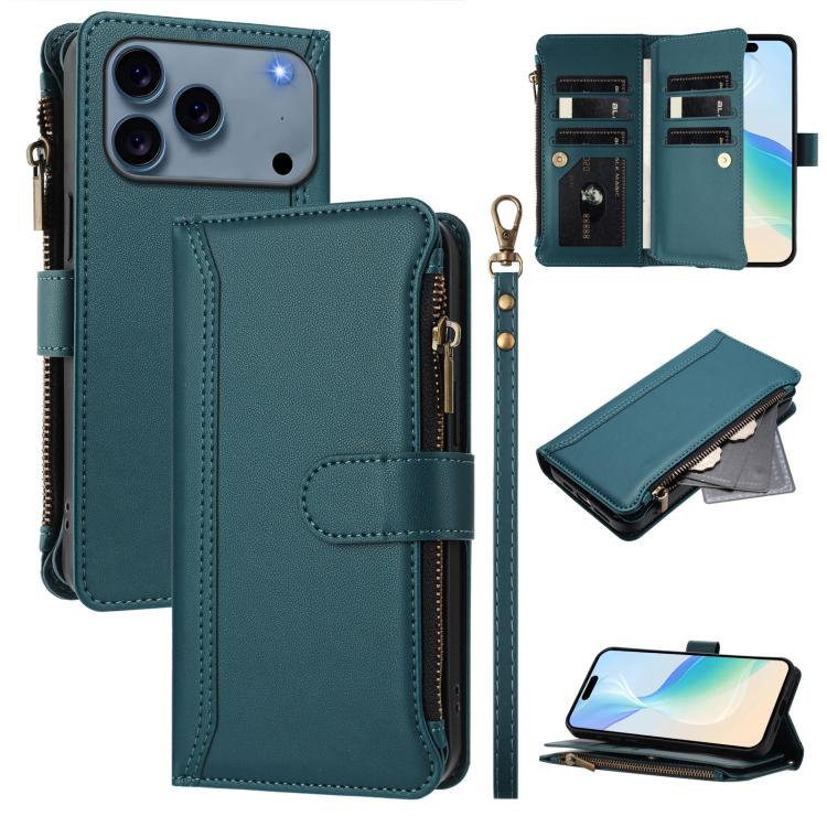 Custodia in pelle con chiusura magnetica, 9 scomparti per carte e cerniera, con cinturino da polso., For iPhone 17e / 16e, For iPhone 17 Pro Max, For iPhone 17 Pro, For iPhone 17