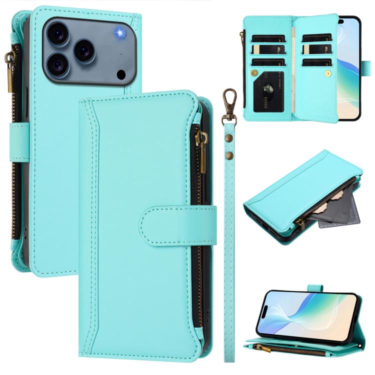 Custodia in pelle con chiusura magnetica, 9 scomparti per carte e cerniera, con cinturino da polso., For iPhone 17e / 16e, For iPhone 17 Pro Max, For iPhone 17 Pro, For iPhone 17