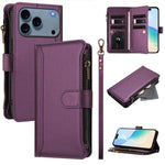 Custodia in pelle con chiusura magnetica, 9 scomparti per carte e cerniera, con cinturino da polso., For iPhone 17e / 16e, For iPhone 17 Pro Max, For iPhone 17 Pro, For iPhone 17