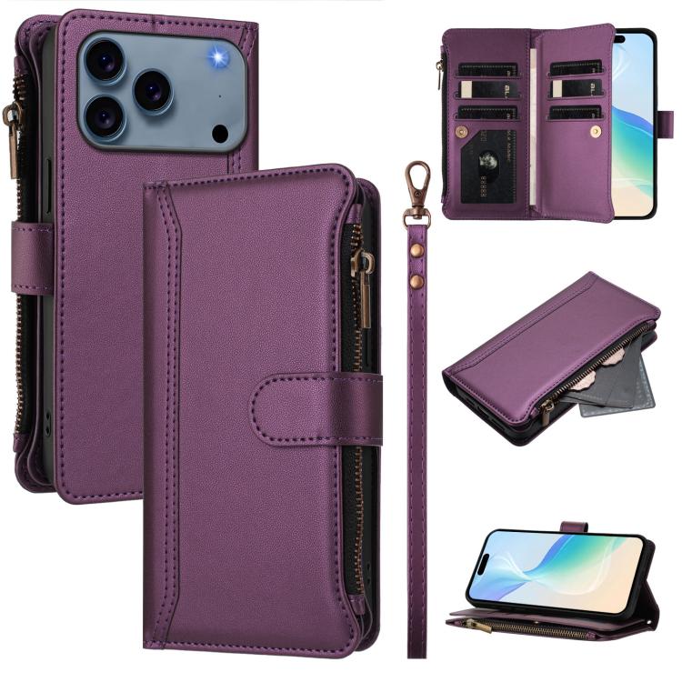Custodia in pelle con chiusura magnetica, 9 scomparti per carte e cerniera, con cinturino da polso., For iPhone 17e / 16e, For iPhone 17 Pro Max, For iPhone 17 Pro, For iPhone 17