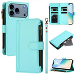 Custodia in pelle con chiusura magnetica, 9 scomparti per carte e cerniera, con cinturino da polso., For iPhone 17e / 16e, For iPhone 17 Pro Max, For iPhone 17 Pro, For iPhone 17