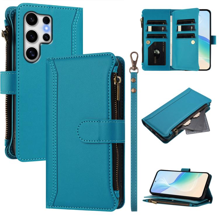 Custodia in pelle con chiusura magnetica, 9 scomparti per carte e cerniera, con cinturino da polso., For Samsung Galaxy S25 Edge 5G, For Samsung Galaxy S25 / S24 5G, For Samsung Galaxy S25+ / S24+ 5G, For Samsung Galaxy S25 Ultra 5G