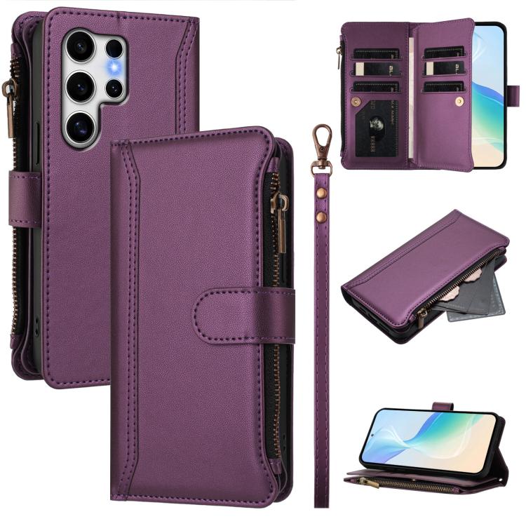 Custodia in pelle con chiusura magnetica, 9 scomparti per carte e cerniera, con cinturino da polso., For Samsung Galaxy S25 Edge 5G, For Samsung Galaxy S25 / S24 5G, For Samsung Galaxy S25+ / S24+ 5G, For Samsung Galaxy S25 Ultra 5G