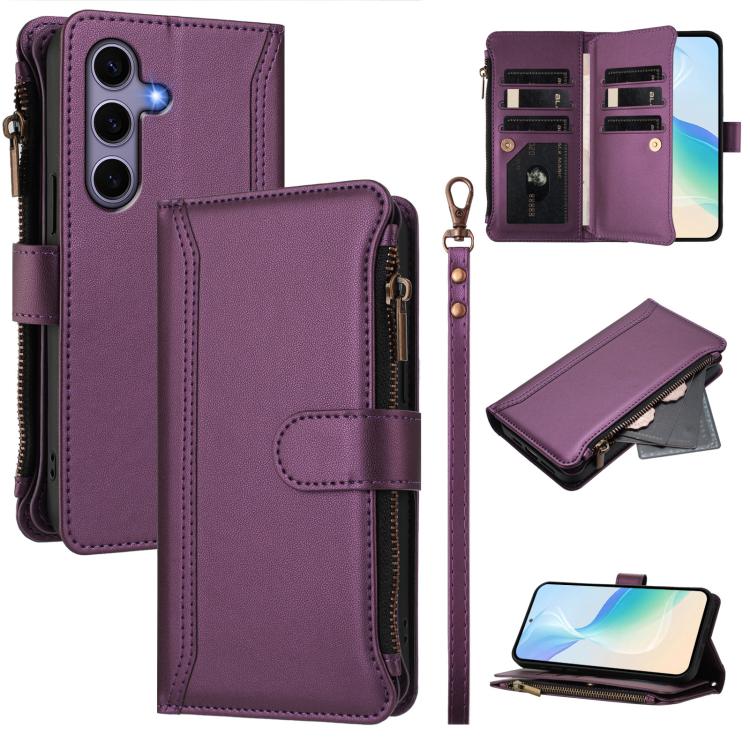 Custodia in pelle con chiusura magnetica, 9 scomparti per carte e cerniera, con cinturino da polso., For Samsung Galaxy S25 Edge 5G, For Samsung Galaxy S25 / S24 5G, For Samsung Galaxy S25+ / S24+ 5G, For Samsung Galaxy S25 Ultra 5G