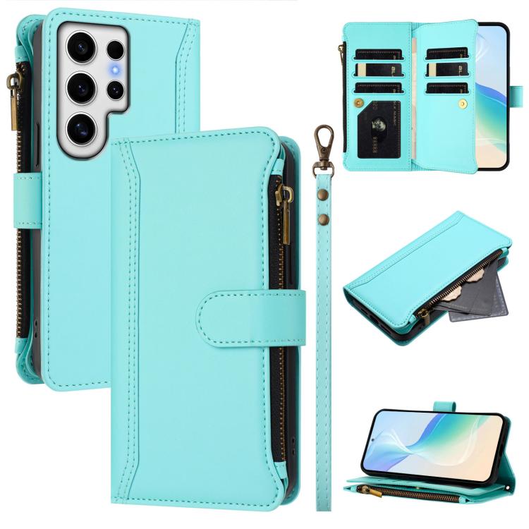 Custodia in pelle con chiusura magnetica, 9 scomparti per carte e cerniera, con cinturino da polso., For Samsung Galaxy S24 FE 5G, For Samsung Galaxy S24 Ultra 5G, For Samsung Galaxy S23 FE 5G, For Samsung Galaxy S23 Ultra 5G