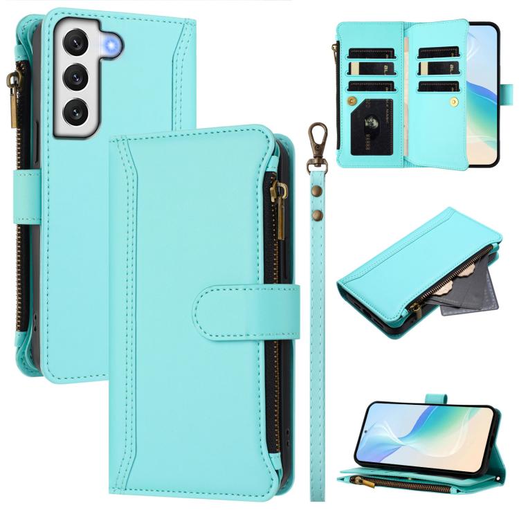 Custodia in pelle con chiusura magnetica, 9 scomparti per carte e cerniera, con cinturino da polso., For Samsung Galaxy S22+ 5G, For Samsung Galaxy S22 5G, For Samsung Galaxy S21 FE 5G, For Samsung Galaxy S21 5G
