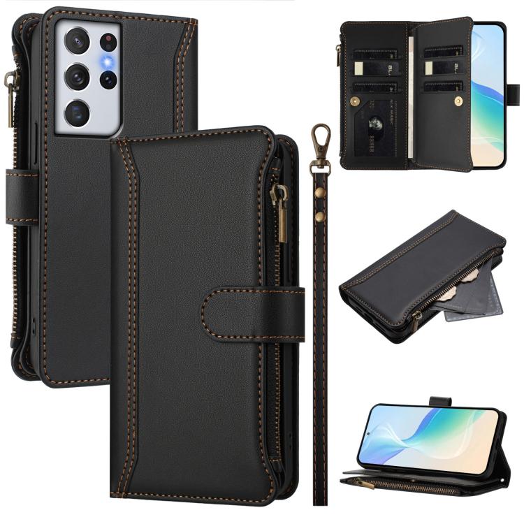 Custodia in pelle con chiusura magnetica, 9 scomparti per carte e cerniera, con cinturino da polso., For Samsung Galaxy S21+ 5G, For Samsung Galaxy S21 Ultra 5G