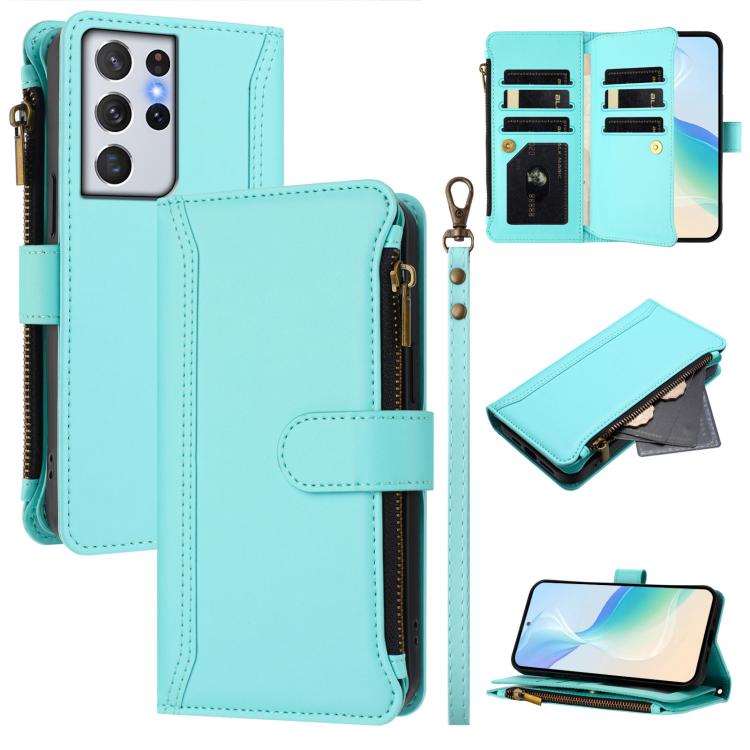 Custodia in pelle con chiusura magnetica, 9 scomparti per carte e cerniera, con cinturino da polso., For Samsung Galaxy S21+ 5G, For Samsung Galaxy S21 Ultra 5G