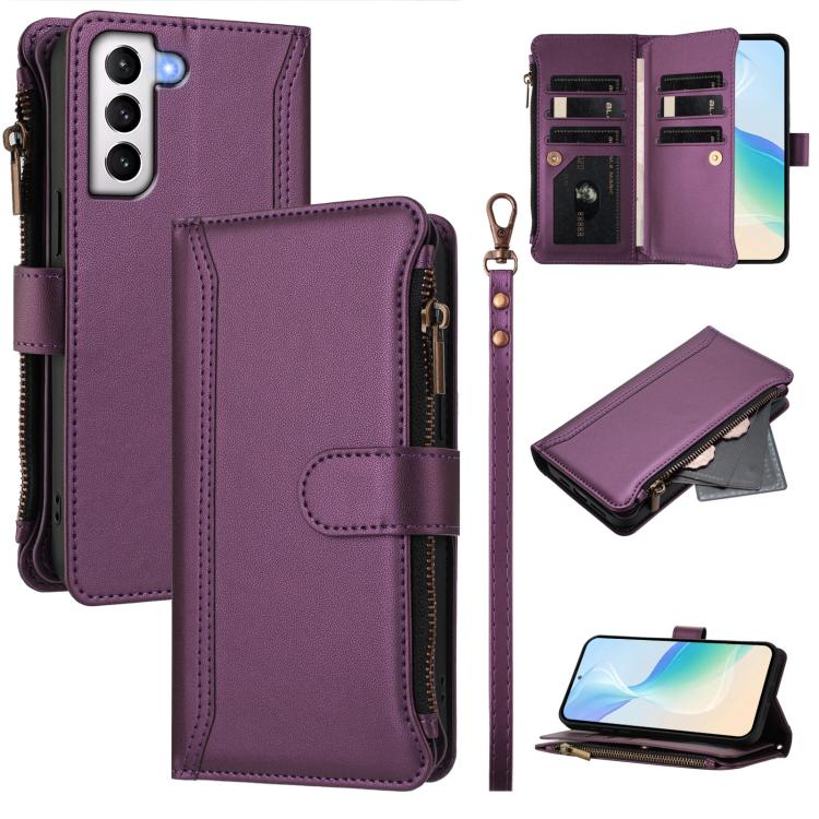 Custodia in pelle con chiusura magnetica, 9 scomparti per carte e cerniera, con cinturino da polso., For Samsung Galaxy S21+ 5G, For Samsung Galaxy S21 Ultra 5G