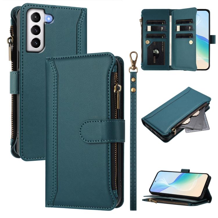 Custodia in pelle con chiusura magnetica, 9 scomparti per carte e cerniera, con cinturino da polso., For Samsung Galaxy S22+ 5G, For Samsung Galaxy S22 5G, For Samsung Galaxy S21 FE 5G, For Samsung Galaxy S21 5G