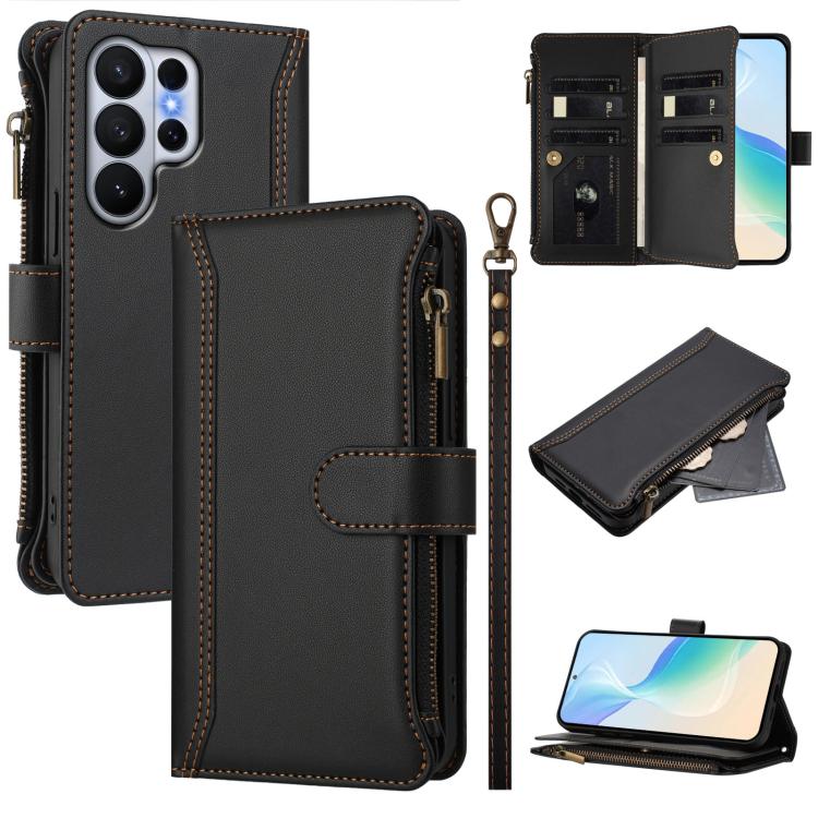 Custodia in pelle con chiusura magnetica, 9 scomparti per carte e cerniera, con cinturino da polso., For Samsung Galaxy S26+ 5G, For Samsung Galaxy S26 Edge 5G, For Samsung Galaxy S26 Ultra 5G, For Samsung Galaxy S26 5G
