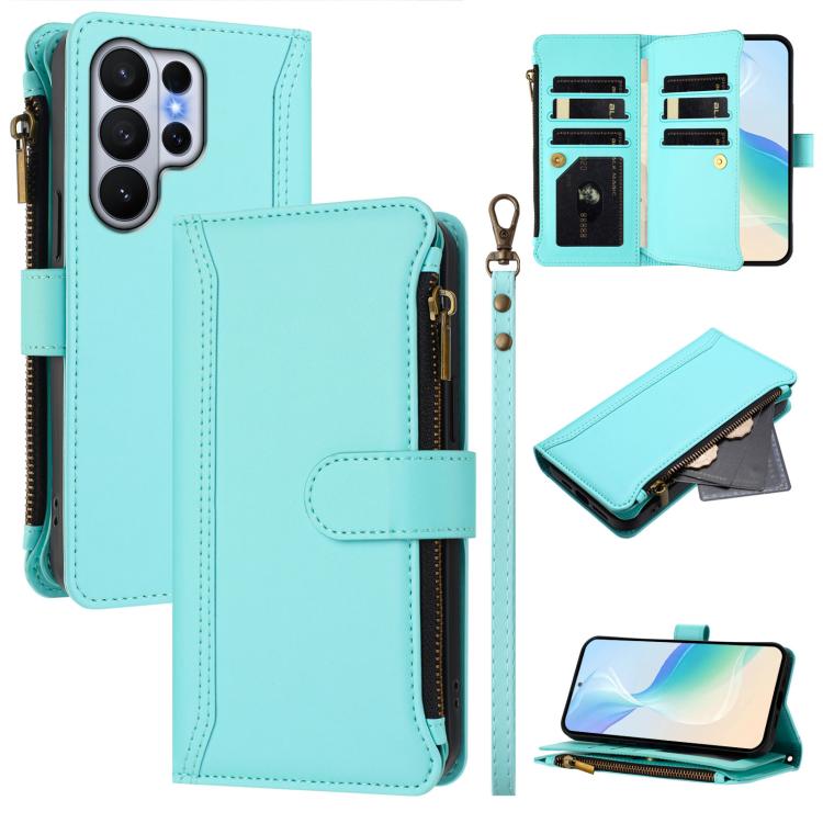 Custodia in pelle con chiusura magnetica, 9 scomparti per carte e cerniera, con cinturino da polso., For Samsung Galaxy S26+ 5G, For Samsung Galaxy S26 Edge 5G, For Samsung Galaxy S26 Ultra 5G, For Samsung Galaxy S26 5G