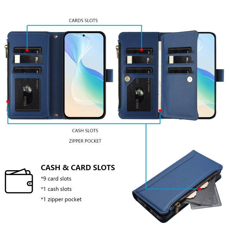 Custodia in pelle con chiusura magnetica, 9 scomparti per carte e cerniera, con cinturino da polso., For Samsung Galaxy S26+ 5G, For Samsung Galaxy S26 Edge 5G, For Samsung Galaxy S26 Ultra 5G, For Samsung Galaxy S26 5G