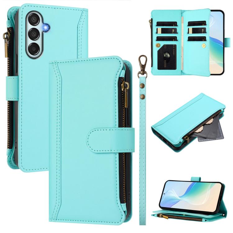 Custodia in pelle con chiusura magnetica, 9 scomparti per carte e cerniera, con cinturino da polso., For Samsung Galaxy M55 / C55 5G, For Samsung Galaxy Xcover7 Pro, For Samsung Galaxy M15 / F15 5G, For Samsung Galaxy M34 / F34 5G