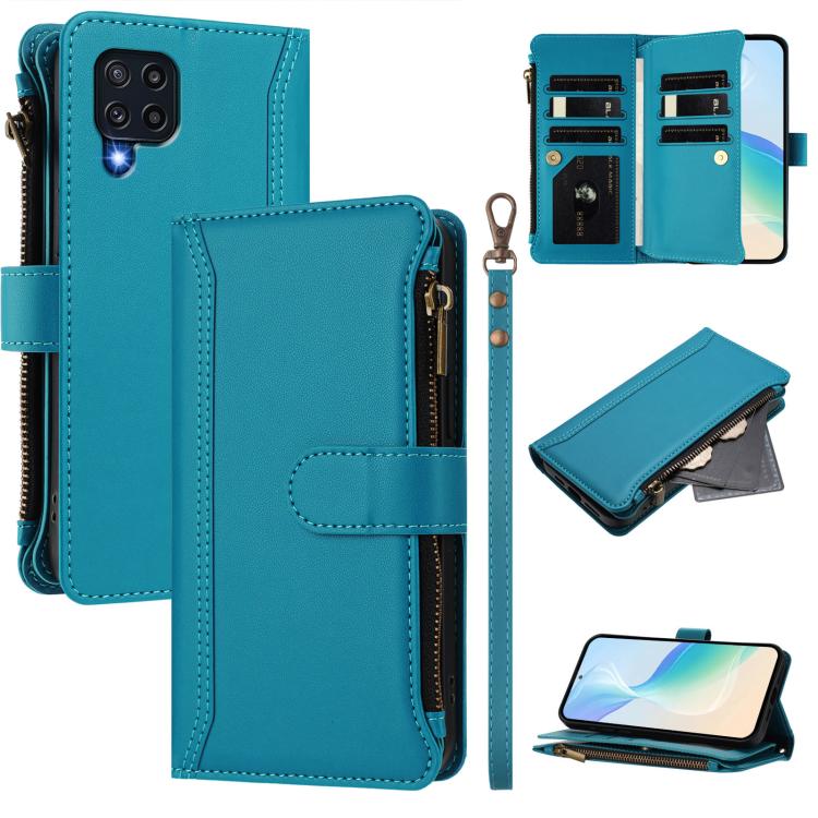Custodia in pelle con chiusura magnetica, 9 scomparti per carte e cerniera, con cinturino da polso., For Samsung Galaxy M52 5G, For Samsung Galaxy M32 4G / M22, For Samsung Galaxy M62 / F62 4G