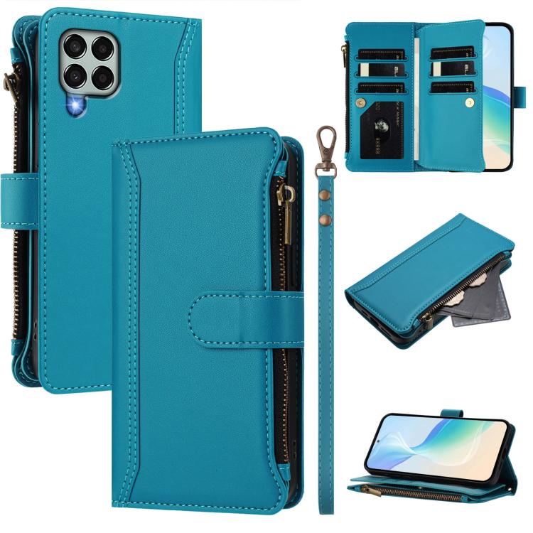 Custodia in pelle con chiusura magnetica, 9 scomparti per carte e cerniera, con cinturino da polso., For Samsung Galaxy M54 / F54 5G, For Samsung Galaxy M14 5G, For Samsung Galaxy M53 5G, For Samsung Galaxy M33 5G