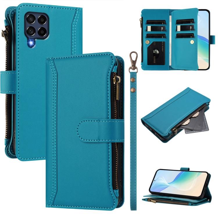 Custodia in pelle con chiusura magnetica, 9 scomparti per carte e cerniera, con cinturino da polso., For Samsung Galaxy M54 / F54 5G, For Samsung Galaxy M14 5G, For Samsung Galaxy M53 5G, For Samsung Galaxy M33 5G