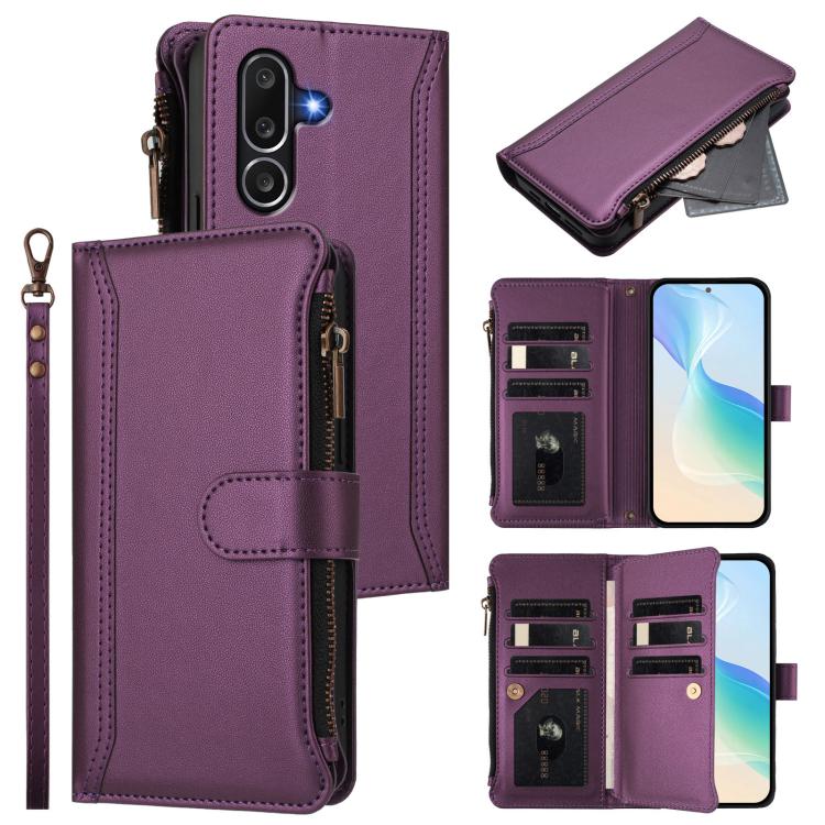 Custodia in pelle con chiusura magnetica, 9 scomparti per carte e cerniera, con cinturino da polso., For Samsung Galaxy M56 5G, For Samsung Galaxy M16 / F16 5G, For Samsung Galaxy M06 / F06 5G, For Samsung Galaxy M35 5G
