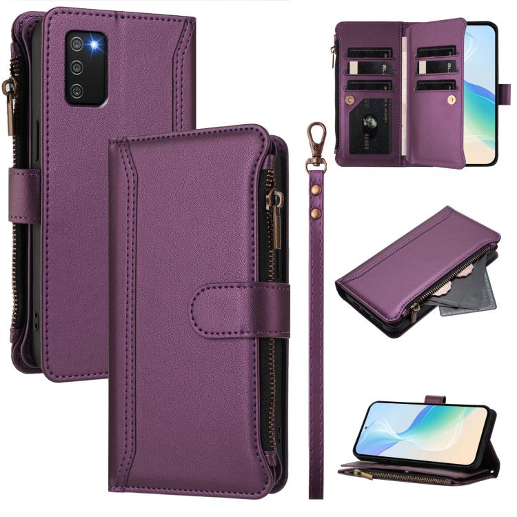 Custodia in pelle con chiusura magnetica, 9 scomparti per carte e cerniera, con cinturino da polso., For Samsung Galaxy A02s 164mm, For Samsung Galaxy A02s 166mm