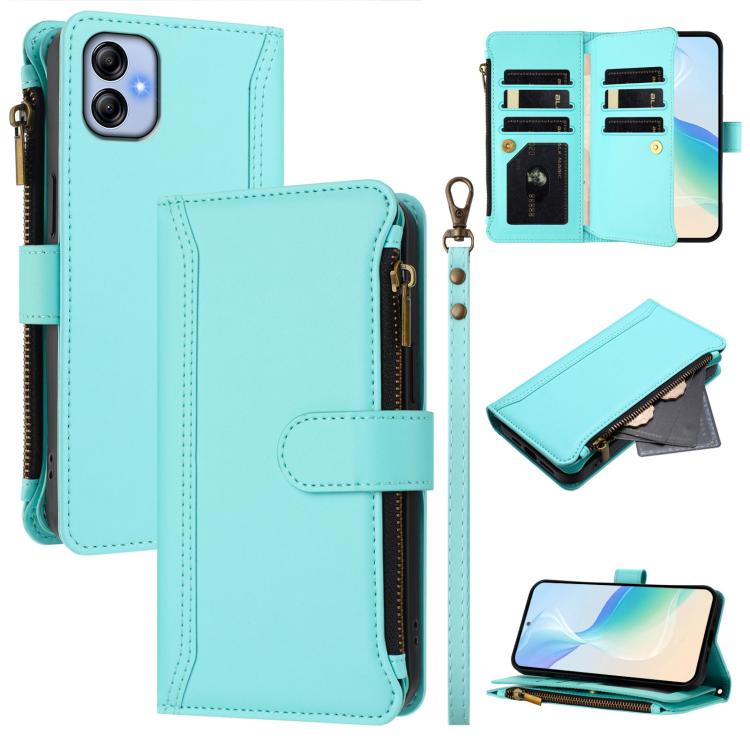 Custodia in pelle con chiusura magnetica, 9 scomparti per carte e cerniera, con cinturino da polso., For Samsung Galaxy A04e / F04 / M04 4G, For Samsung Galaxy A14 5G / 4G, For Samsung Galaxy A34 5G, For Samsung Galaxy A54 5G