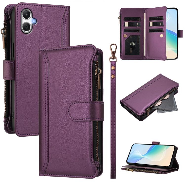 Custodia in pelle con chiusura magnetica, 9 scomparti per carte e cerniera, con cinturino da polso., For Samsung Galaxy A36 5G, For Samsung Galaxy A05 / M05 / F05 4G, For Samsung Galaxy A16 5G / 4G, For Samsung Galaxy A05s / F14 4G