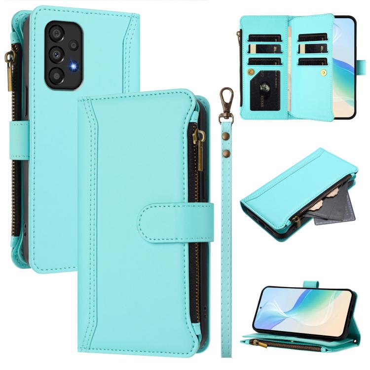 Custodia in pelle con chiusura magnetica, 9 scomparti per carte e cerniera, con cinturino da polso., For Samsung Galaxy A33 5G, For Samsung Galaxy A03 164mm, For Samsung Galaxy A03 166mm, For Samsung Galaxy A52 5G / 4G / A52s